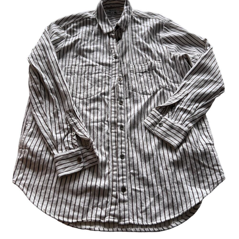 Madewell Cream/Brown Striped Long Sleeve Pocketed Flannel Shirt- XS